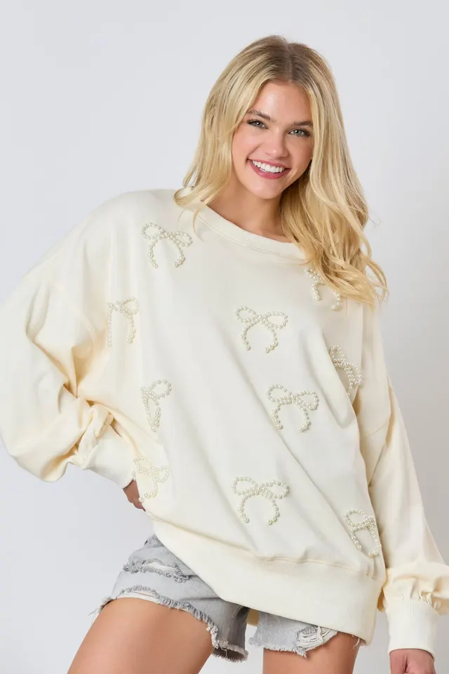 Women's Pearl Bow Decoration Long Sleeve Casual Sweatshirt Beige - Shop at LoveMi