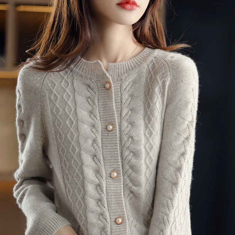Round Neck Pure Wool Knit Cardigan Women's Long Sleeve Casual Simple Elegant Camel - Shop at LoveMi