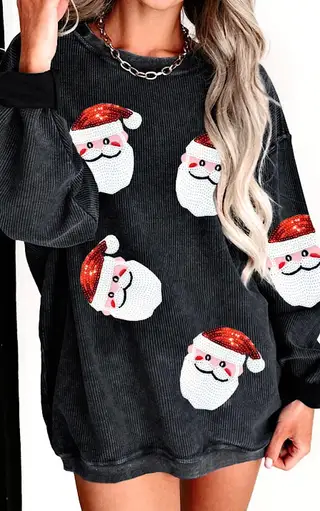 Round Neck Santa Claus Floral Print Long Sleeve Pullover - Black