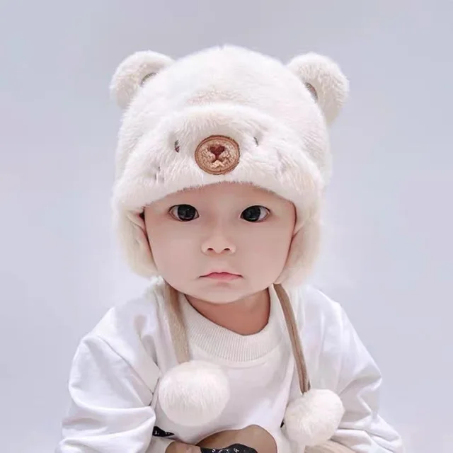 Baby Hat Cute Plush Warm Earflaps Cap Beige Small Eyes - Shop at LoveMi