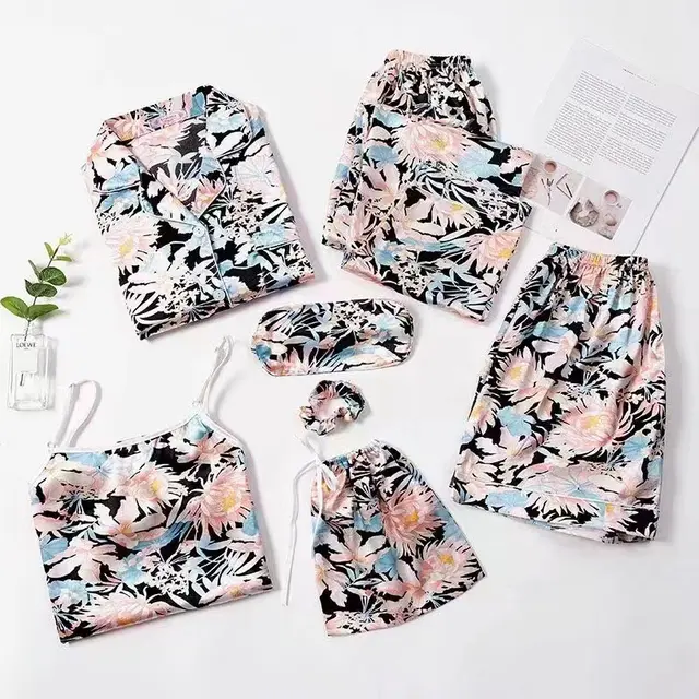 Spring And Autumn Printed Imitated Silk Pajamas Clothing Blue Pink Flowers - Shop at LoveMi