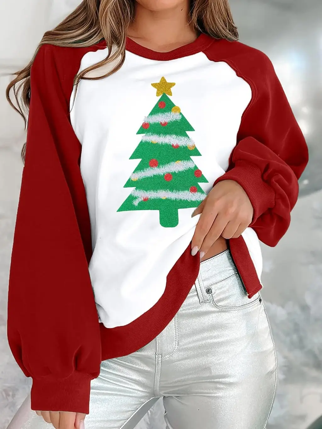 Women's Loose Fashion Round Neck Raglan Sweater European And American Christmas Digital Printing - Style2