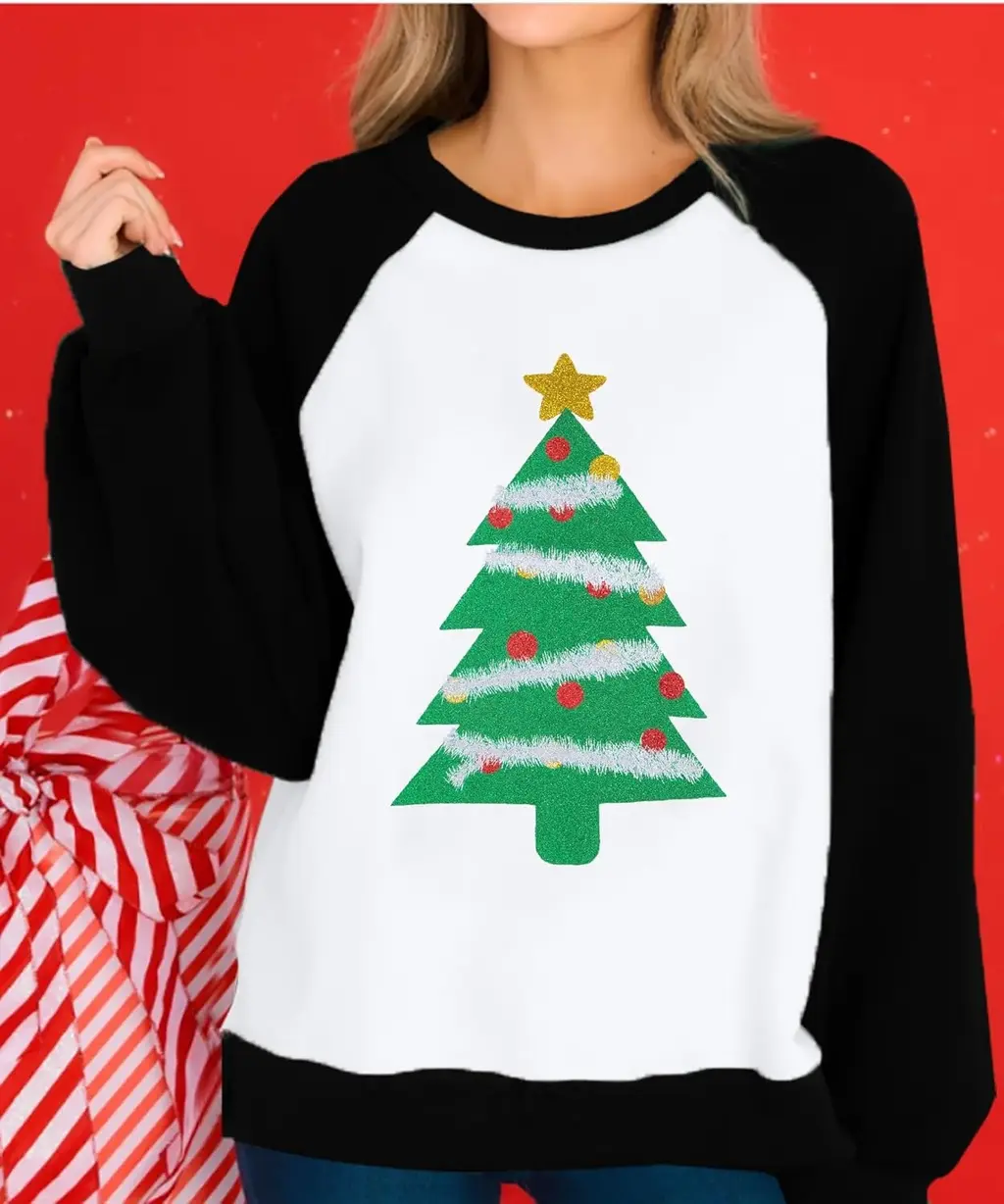 Women's Loose Fashion Round Neck Raglan Sweater European And American Christmas Digital Printing - Style3