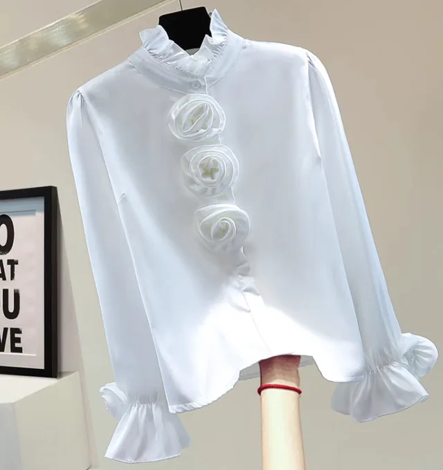 Flower Long Sleeve Casual Shirt Spring New Loose Slimming White - Shop at LoveMi