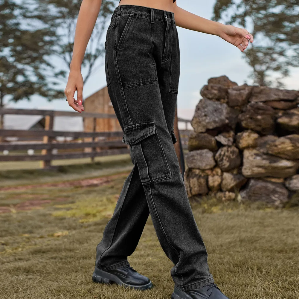 Retro Washed Half Elastic Design Jeans For Women Black - Shop at LoveMi