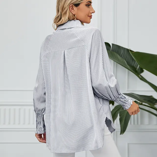 Women's Cuff Pleating Loose Striped Shirt Top Black - Shop at LoveMi