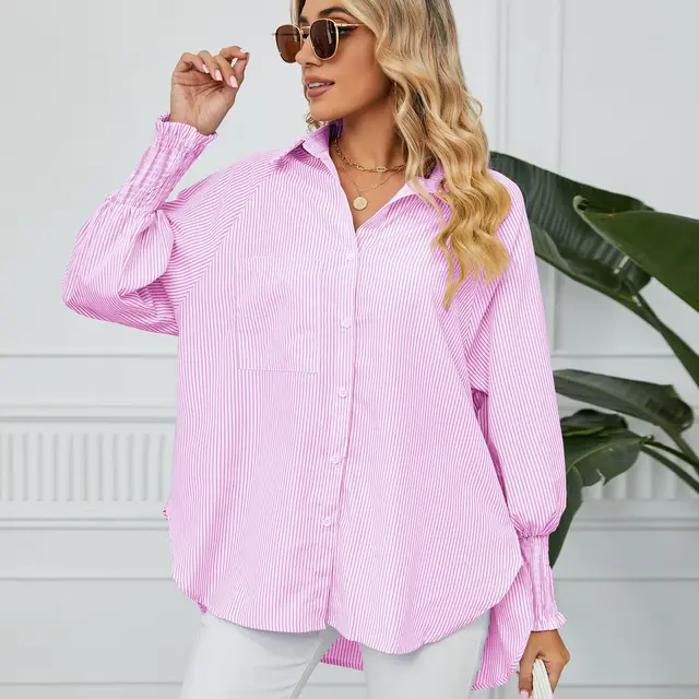 Women's Cuff Pleating Loose Striped Shirt Top Pink - Shop at LoveMi