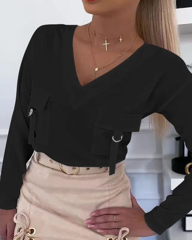 Women's V neck Pocket Long sleeved Top Black - Shop at LoveMi