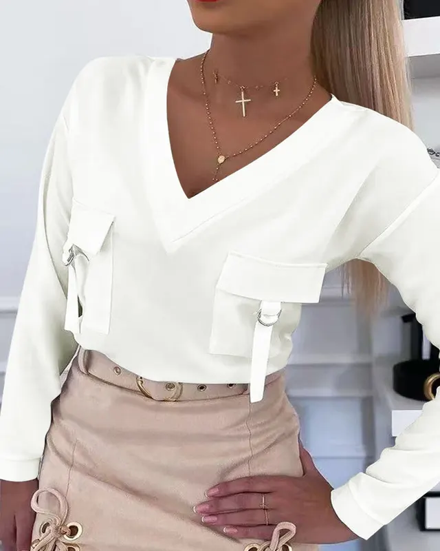 Women's V neck Pocket Long sleeved Top White - Shop at LoveMi
