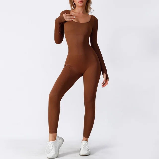 Seamless Yoga Jumpsuit Long Sleeve Dance Sports Workout Clothes High Elastic Belly Shaping Double Layer Light Coffee - Shop at LoveMi