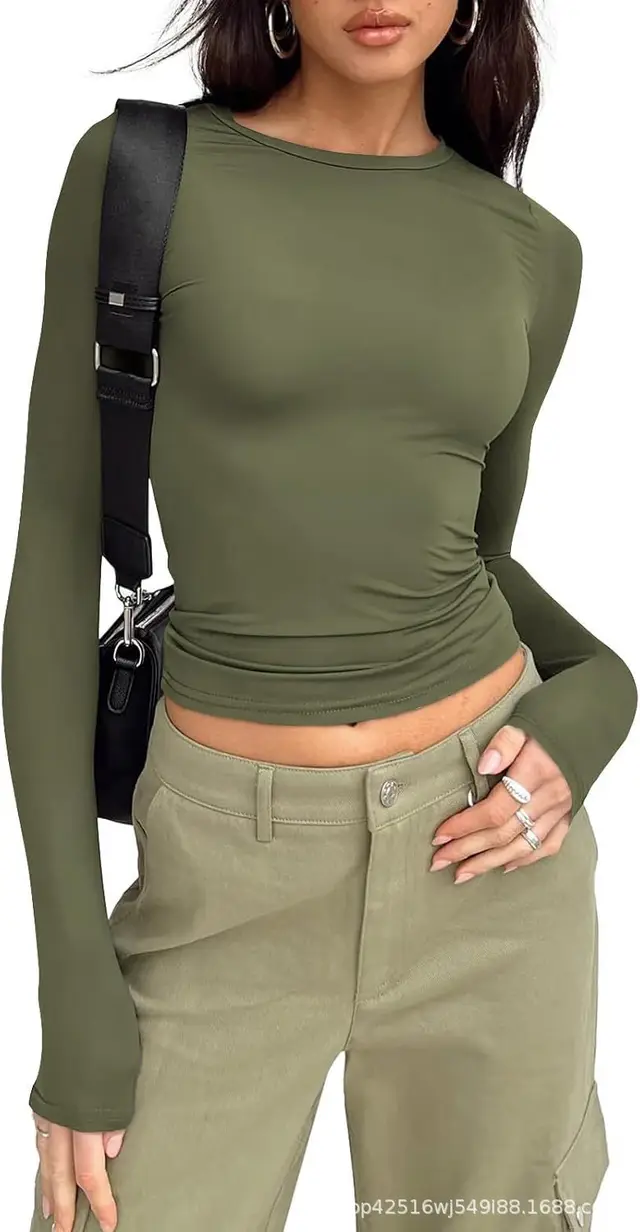 Women's Round Neck Long Sleeve T shirt Top Army Green - Shop at LoveMi