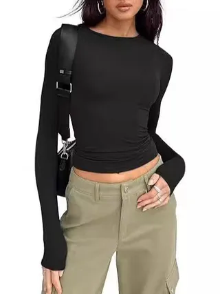 Women's Round Neck Long Sleeve T-shirt Top - Black