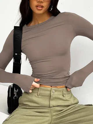 Women's Round Neck Long Sleeve T-shirt Top - Camel
