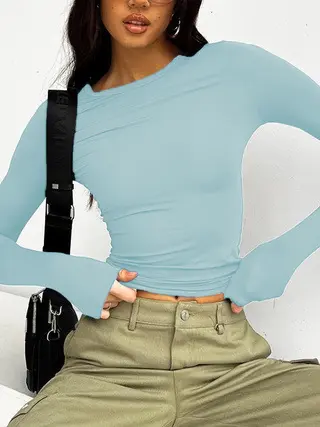 Women's Round Neck Long Sleeve T-shirt Top - Light Blue
