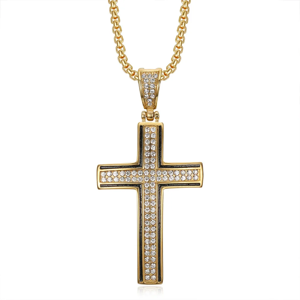 HIPHOP Stainless Steel Gold Plated Full Diamond Necklace Gold Single Pendant - Shop at LoveMi