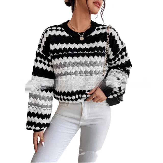 Black And White Striped Knitted Loose Mid length Lazy Sweater Black - Shop at LoveMi