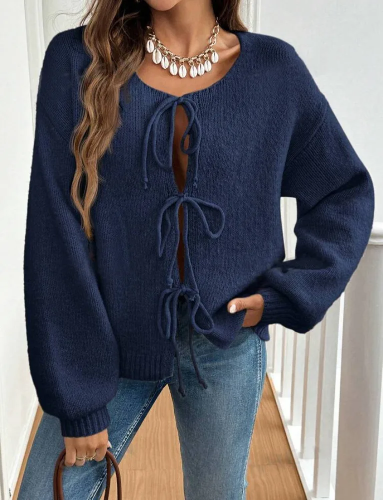 Women's Casual Loose Cardigan Lace up Solid Color Sweater Navy - Shop at LoveMi