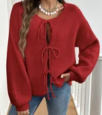 Women's Casual Loose Cardigan Lace-up Solid Color Sweater - Red
