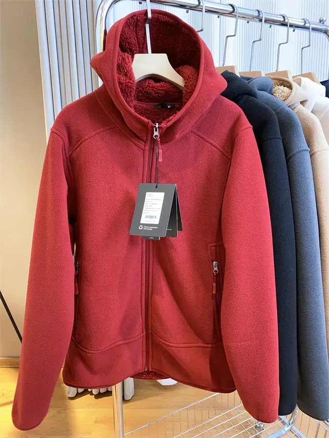 Double sided Polar Fleece Zipper Hooded Thickened Couple Sweater Women Red - Shop at LoveMi