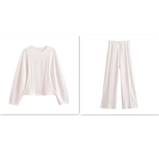 European And American Style Double sided Cloth Round Neck Top Casual Pants White Set - Shop at LoveMi