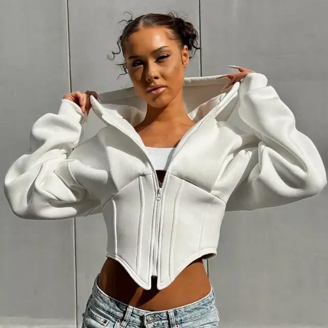 Women's Clothing Long sleeve Zipper Hooded Cardigan Short White - Shop at LoveMi