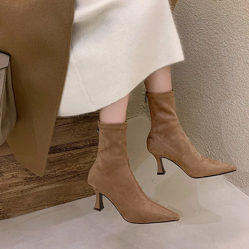 Commuter Suede Pointed Stiletto Heel Ankle Boots Khaki - Shop at LoveMi