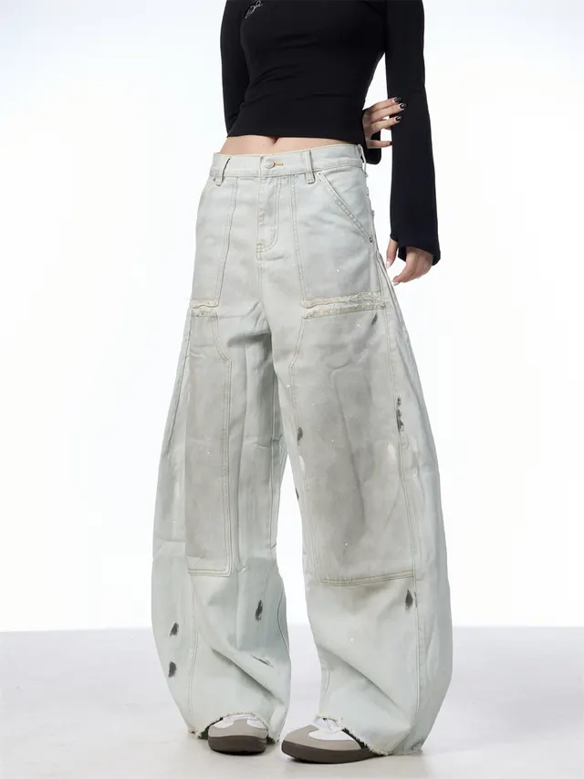 Women's Loose Retro Washed Distressed Machete Jeans Light Gray - Shop at LoveMi