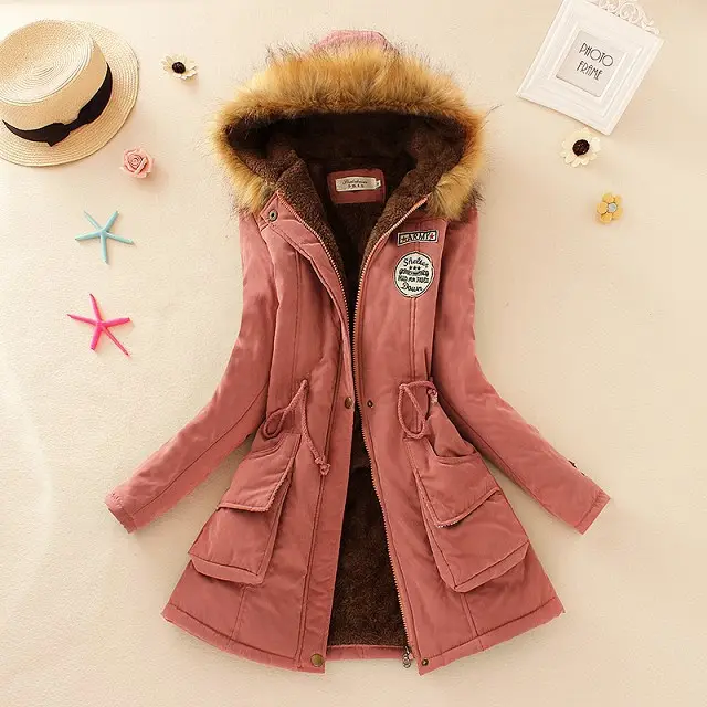 Autumn And Winter New Women's Plus Size Thickened Calibration Long sleeved Hooded Lamb Wool Cotton padded Jacket Dark Pink - Shop at LoveMi