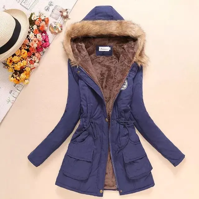 Autumn And Winter New Women's Plus Size Thickened Calibration Long sleeved Hooded Lamb Wool Cotton padded Jacket Navy Blue - Shop at LoveMi