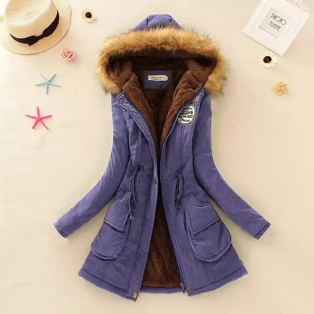 Autumn And Winter New Women's Plus Size Thickened Calibration Long sleeved Hooded Lamb Wool Cotton padded Jacket Sapphire Blue - Shop at LoveMi