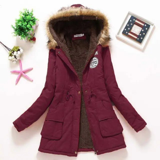 Autumn And Winter New Women's Plus Size Thickened Calibration Long sleeved Hooded Lamb Wool Cotton padded Jacket Wine Red New Product - Shop at LoveMi