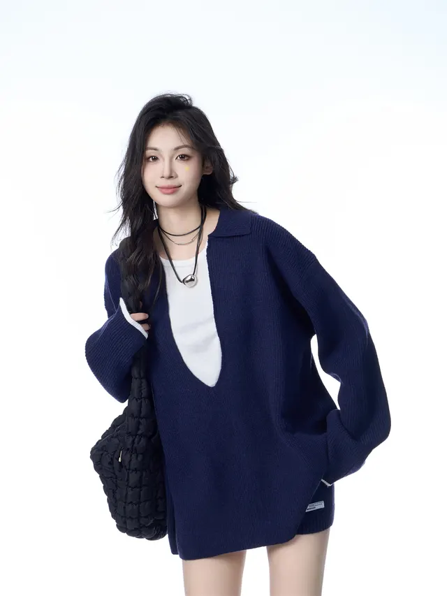 American style Retro Loose Fake Two piece Design Large V neck Sweater Navy Blue - Shop at LoveMi