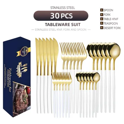 Stainless Steel Knife And Forks 30 piece Tableware Set Suit White Gold - Shop at LoveMi