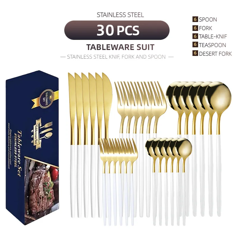 Stainless Steel Knife And Forks 30-piece Tableware Set Suit - White Gold