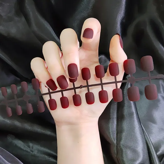 Matte Nail Tip Short Round Fake Nails Transparent Wine Red - Shop at LoveMi