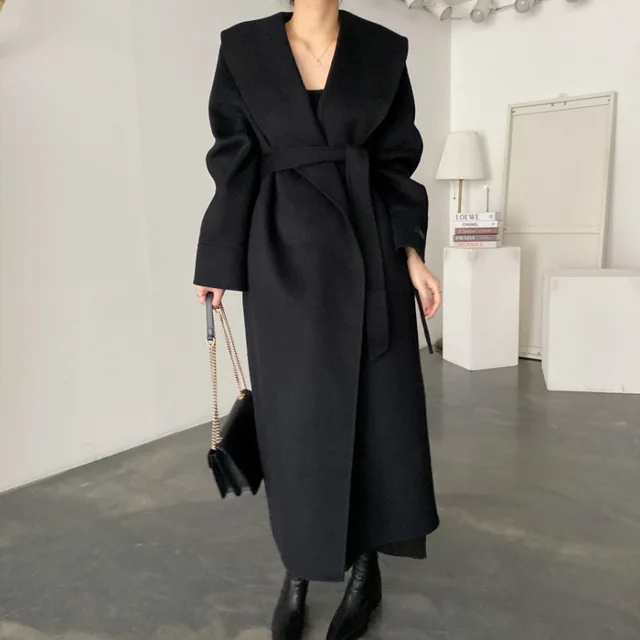 French Style Retro Elegant Shawl Collar Lace up Long Loose Woolen Coat Black - Shop at LoveMi