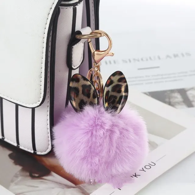 Leopard Print Small Ears Fur Ball Keychain Light Purple - Shop at LoveMi