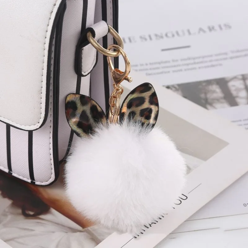 Leopard Print Small Ears Fur Ball Keychain White - Shop at LoveMi