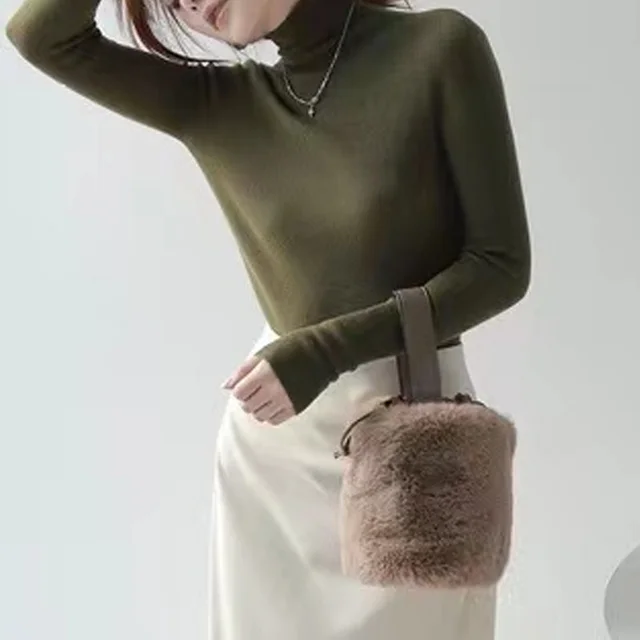 Women's Turtleneck Bottoming Shirt Fur Inner Wear Sweater Knitted Top Olive Green - Shop at LoveMi