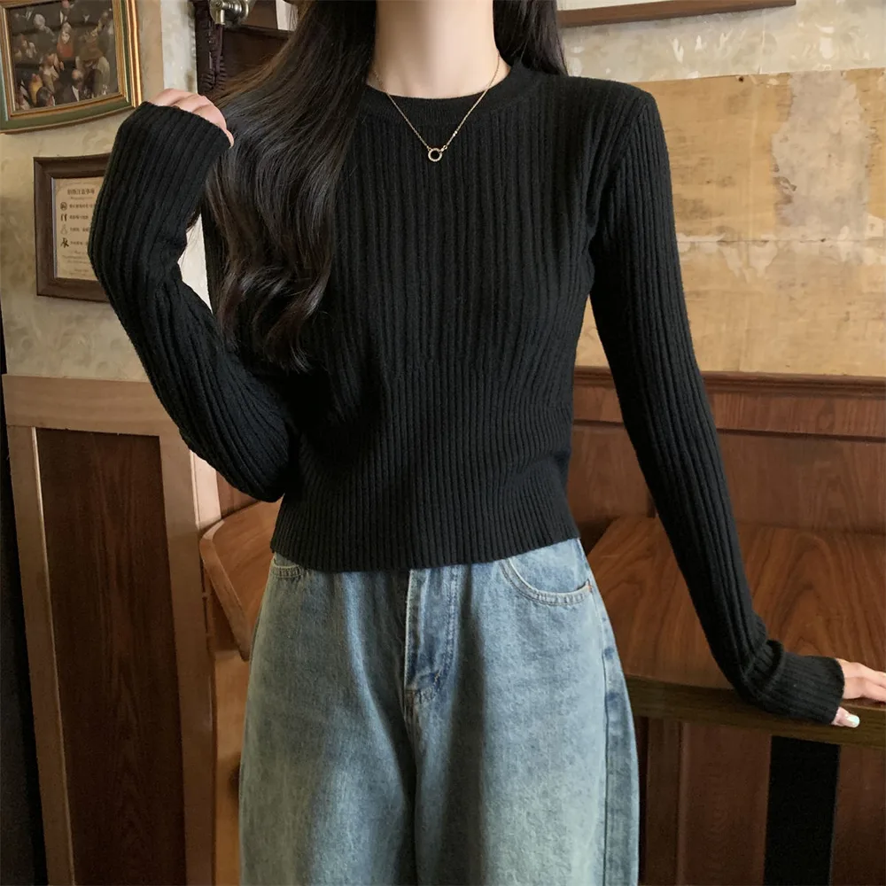 Korean Style Sunken Stripe Round Neck Long Sleeve Sweater Black - Shop at LoveMi