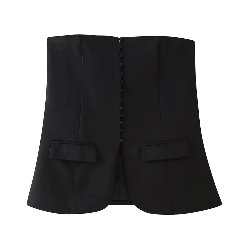 Sexy Strapless Cut Black Buckle Tube Top Suit Top - Black