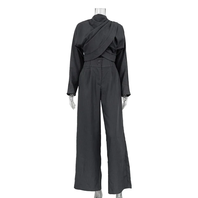 Small Turtleneck Cross Long Sleeves Top Casual Wide Leg Pants Two piece Set Gray - Shop at LoveMi