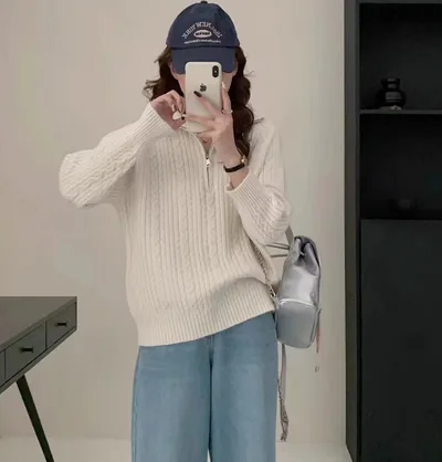 Elegant Lapel Twist Design Loose Casual Sweater Women Beige - Shop at LoveMi