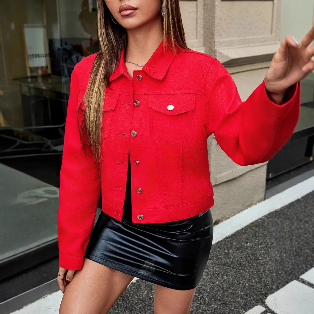 Denim Pocket Solid Color Coat - Red