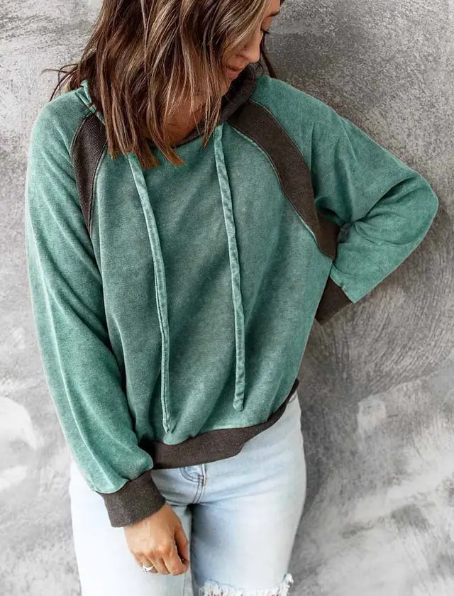 Casual Patchwork Top Hooded Long Sleeve Sweater Lake Blue - Shop at LoveMi