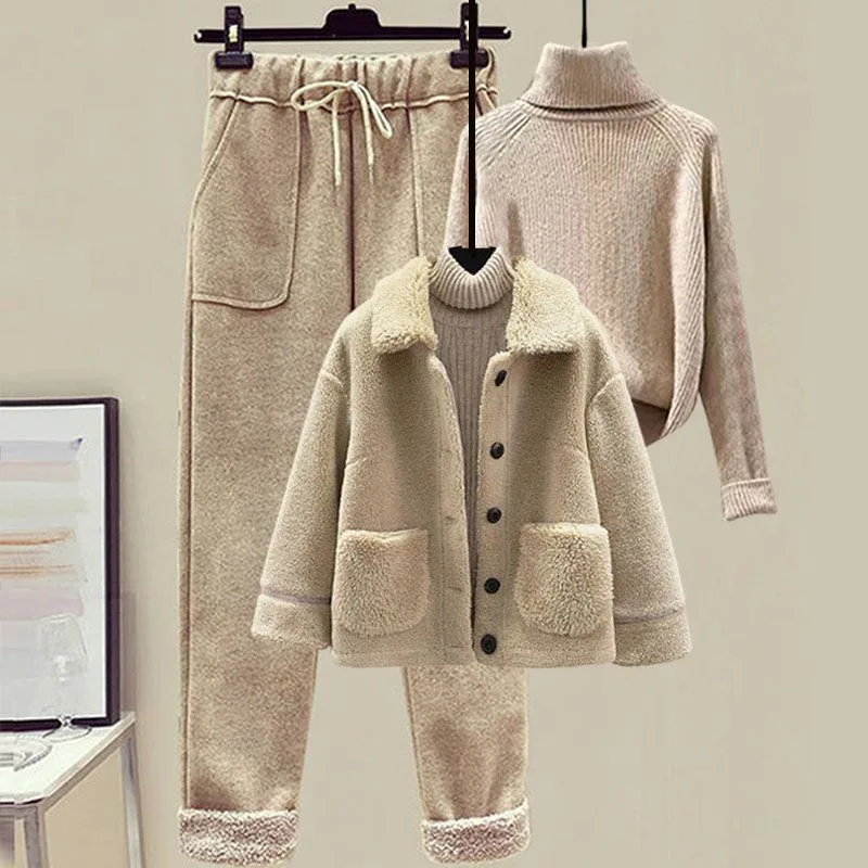 Lamb Wool Fur Sweater Casual Pants Three Piece Set Fashion Suit Women Apricot - Shop at LoveMi
