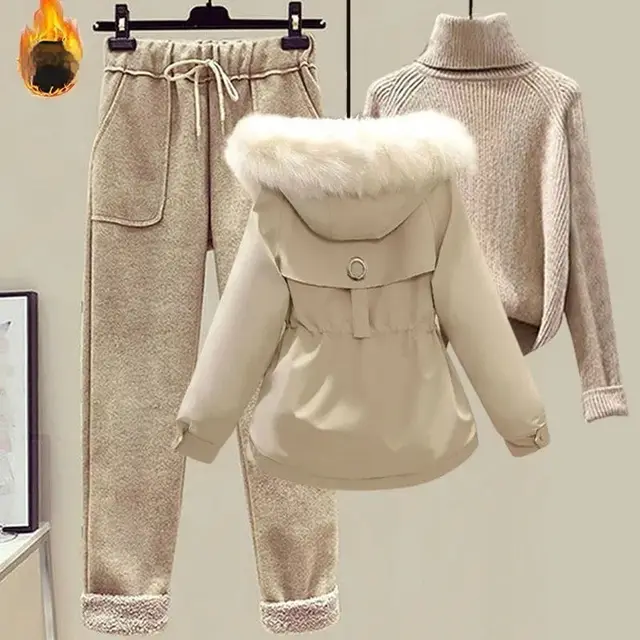 Lamb Wool Fur Sweater Casual Pants Three Piece Set Fashion Suit Women Beige 3Pc X 1Sets - Shop at LoveMi