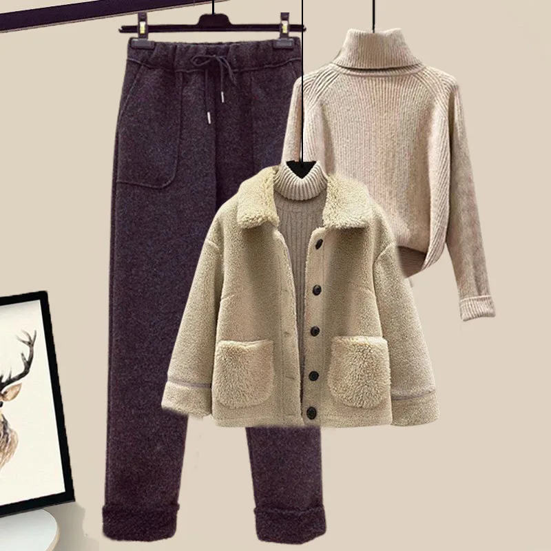 Lamb Wool Fur Sweater Casual Pants Three Piece Set Fashion Suit Women Black - Shop at LoveMi