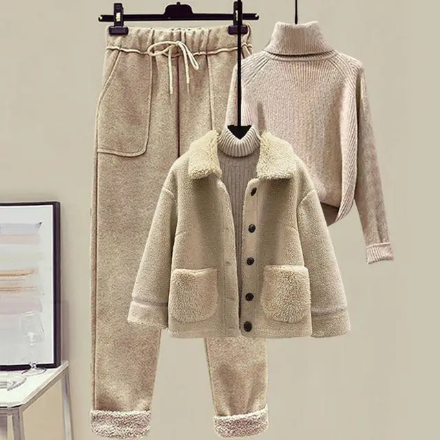 Lamb Wool Fur Sweater Casual Pants Three Piece Set Fashion Suit Women Khaki Apricot Khaki - Shop at LoveMi