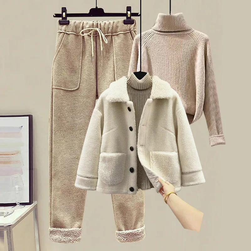 Lamb Wool Fur Sweater Casual Pants Three Piece Set Fashion Suit Women White Apricot Khaki - Shop at LoveMi